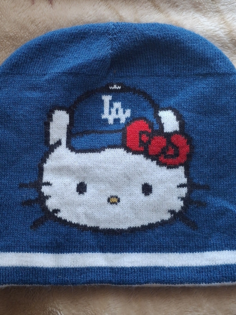 Hello Kitty LA Blue Knit Hat with Red Bow Accent